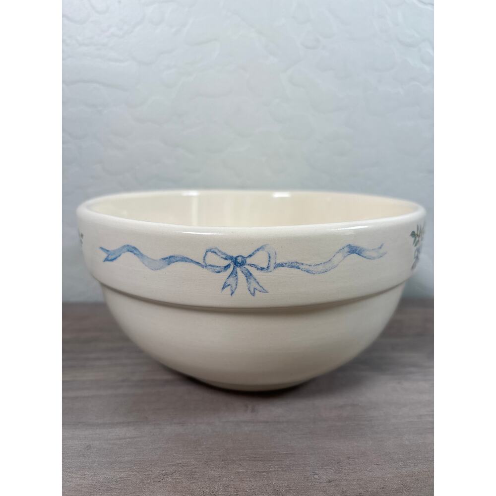 Crock Shop Santa Ana CA blue BOW ribbon‎ Country Style Mixing Bowl Heavy Pottery